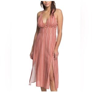 Roxy Women's Young Goddess Red White Stripe Halter Midi Dress Size S